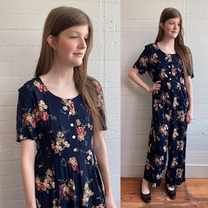 1990s 90s Navy Jumpsuit with Floral Pattern - M/L