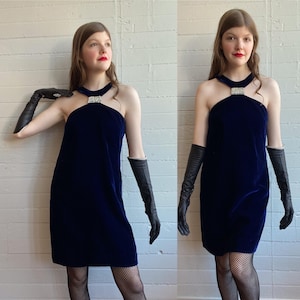 1960s 60s Blue Velvet Bond Girl Style Mini Shift Dress - Small