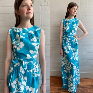 1960s 60s Blue and White Lily of the Valley Gown - M/L