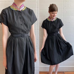 1940s 40s Black Cocktail Dress with Rainbow Collar - Small