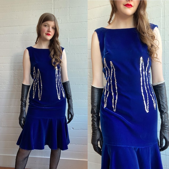 1950s 50s Blue Velvet Drop Waist Showgirl Dress - Smal 1950s 50s Blue Velvet Drop Waist Showgirl Dress - Smal