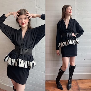 1980s 80s Madison Avenue Peplum Mini Dress with Belt - Medium