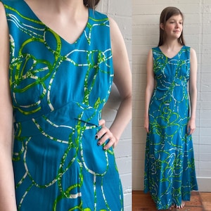 1970s 70s Blue and Green Floral Hawaiian Maxi Dress- S/M