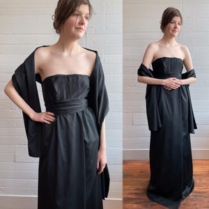 1960s 60s Sleeveless Silk Empire Waist Black Gown with Shawl - S/M