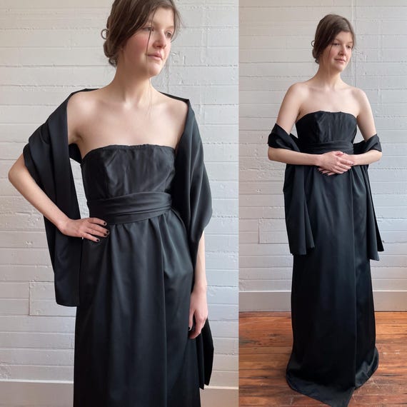 1960s 60s Sleeveless Silk Empire Waist Black Gown with Shawl - S/M 1960s 60s Sleeveless Silk Empire Waist Black Gown with Shawl - S/M