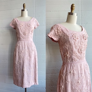 1950s 50s Saks Fifth Avenue Floral Appliqué Linen Dress - Medium