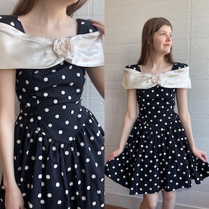 1980s 80s does 50s Black and White Polka Dot Dress - Small