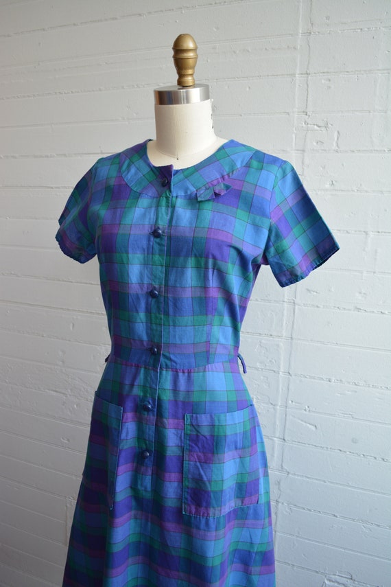 1950s Purple Blue Green Plaid Shirt Waist Dress B… - image 3