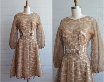 1960s 60s Brown Lace Dress with Balloon Sleeves Bell Shaped Skirt Bow Details Sweetheart Neckline Illusion Bust - Size Small S