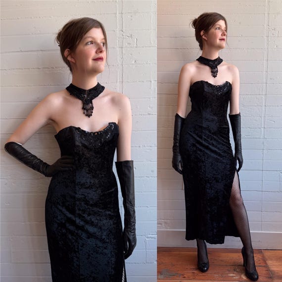 1980s 80s Vampy Velvet Sleeveless Bodycon Dress - S/M 1980s 80s Vampy Velvet Sleeveless Bodycon Dress - S/M