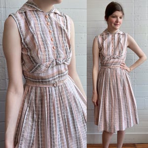 1940s Late 40s Pink and Brown Striped Cotton Day Dress - XS/S