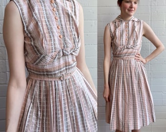 1940s Late 40s Pink and Brown Striped Cotton Day Dress - XS/S