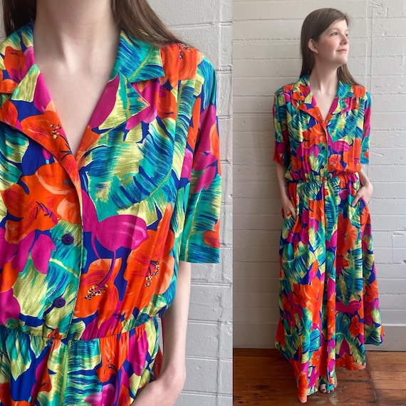 tropical neon dress Neon Green Tropical Print Dress Tropical Leaf Dress Bright Green Palm Leaf Dress Neon Dress