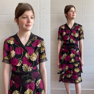 1940s 40s Floral Cold Rayon Blouse and Skirt Set - XS