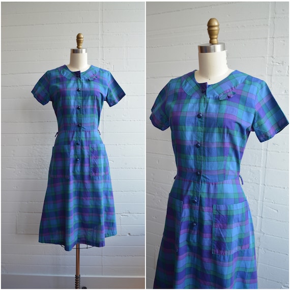 1950s Purple Blue Green Plaid Shirt Waist Dress B… - image 1