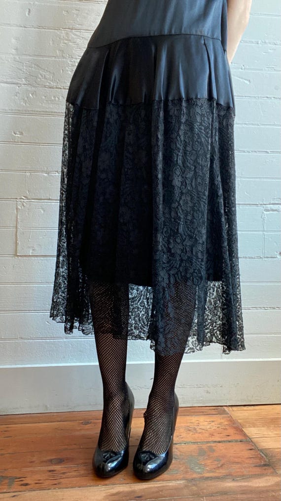 1920s 20s Black Silk and Lace Tiered Dress Drop Waist… - Gem