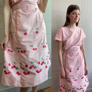 1950s 50s Pink and White Gingham Dress with embroidered Cherries - Large