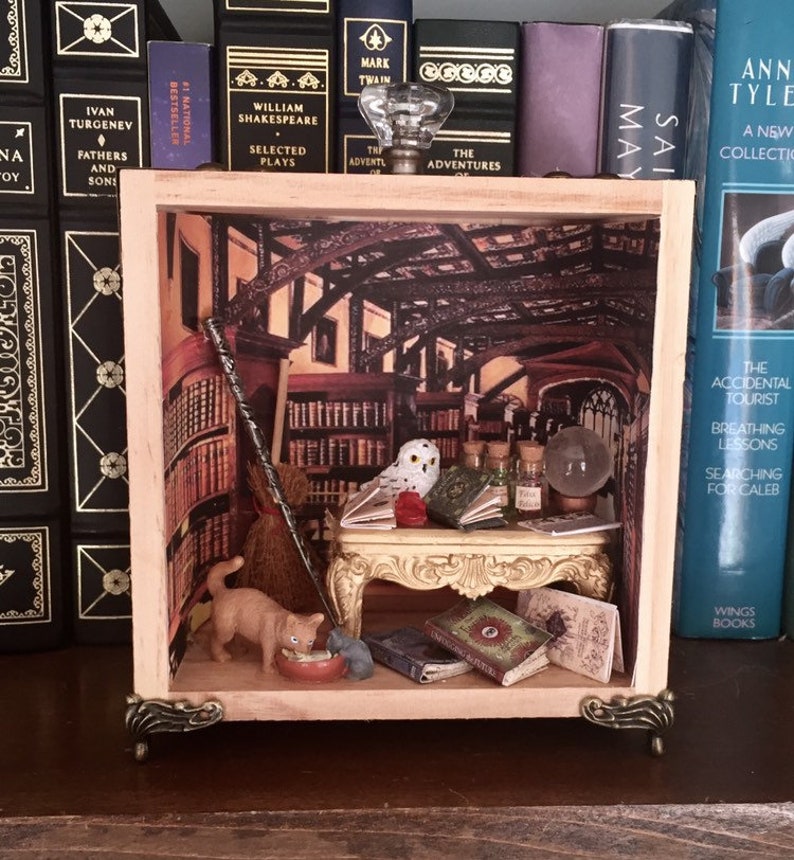 Harry Potter Inspired Decor Gift Shadowbox Art Miniatures Hermione Wand Crookshanks Hedwig Polypotion Books