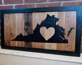 Virginia state silhouette with a heart upcycled pallet wood sign