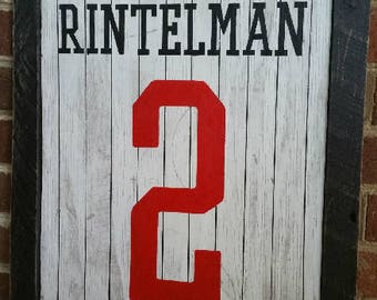 Custom last name and number pinstriped jersey hand-painted sign