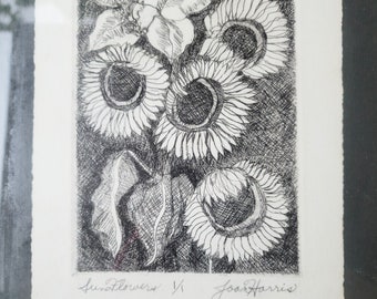 Framed Etching SUNFLOWERS Original 1 if 1  framed 14" X 17"  Black White 9 ' x 6" Joan Harris Ship WorldWide