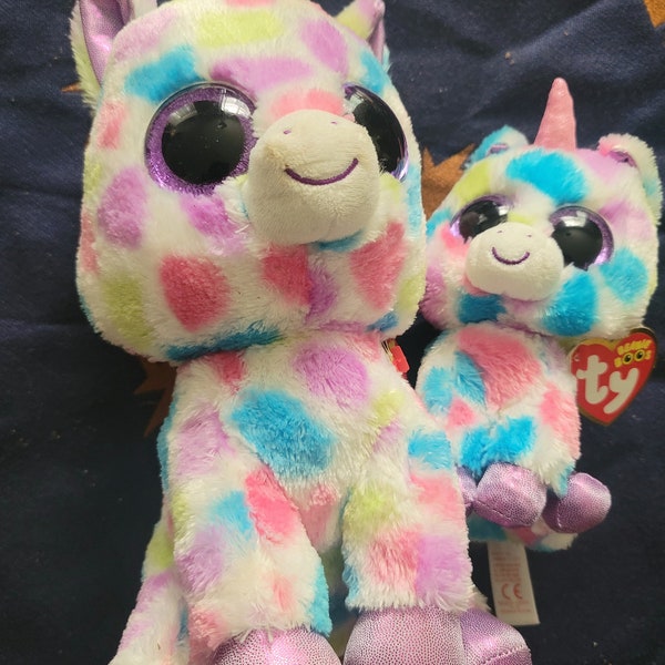 2 VINTAGE Beanie Babies Boos Buddy UNICORN Wishful 10" Reg 6" EUC Tags