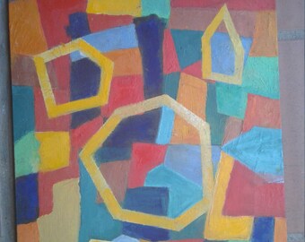 Original ART Oil Painting geometric Abstract CITYSCAPE Joan Harris 16  X 20 inch Red Orange Green Yellow