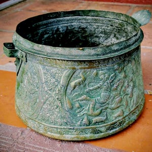 ANTIQUE Pot Copper with silver overlay, Relief design 14, inch