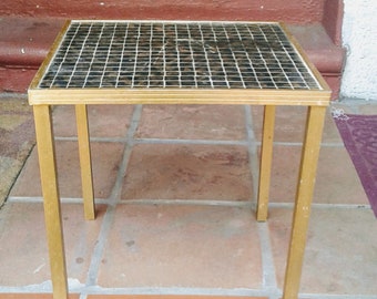 MCM Tile Table 15" X 15" top, black gold tiles gold metal mid Century Modern American USA Side Indoor Outdoor