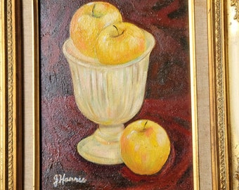 SALE Oil Painting Still Life Realistic, yellow apples Original 9X12 Framed 16X19 inch Joan Harris  on Cotton Canvas Ship WorldWide