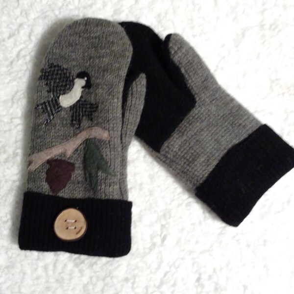 Chickadee felted wool mittens, appliqued, handmade, warm, water repellent, snow shovelling, walking the dog, sports events