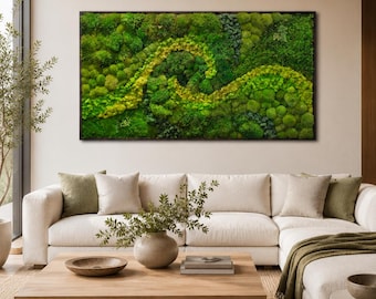 May include: A rectangular wall art piece featuring a dense, textured arrangement of preserved moss in various shades of vibrant green and lime, organized in a flowing, wave-like pattern within a thin, dark-colored frame mounted on a wall.