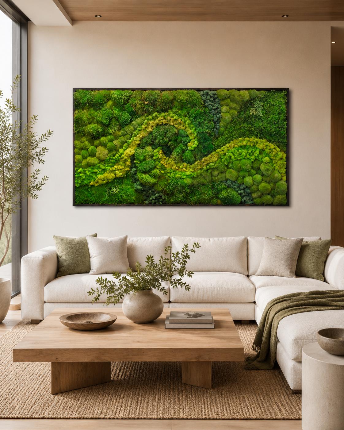 Swirl Moss Wall Art: Preserved Reindeer Moss, Burnt Pine Frame