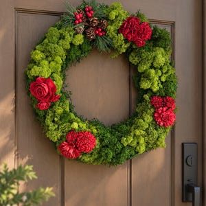 Christmas Moss Wreath with Red Sola Flowers – Preserved Botanical Wall Art