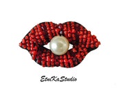 beaded Red Lips with pearl patch, small embroidered applique patch, embellishment, sparkly red lips