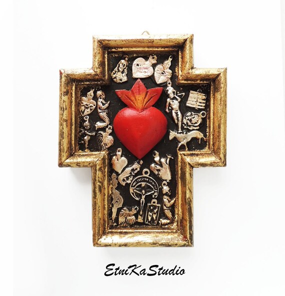 Wooden Milagro Cross Sacred Heart Wall Decor Mexican Home Handmade Red And Gold Wood Hanging