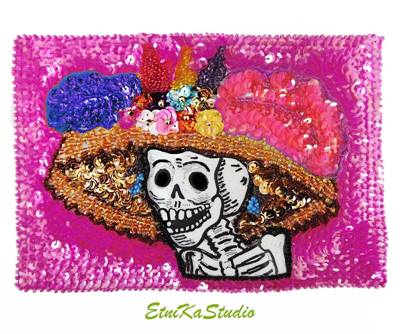 day of the dead candy skull sequin embroidered lace applique motif patch costume