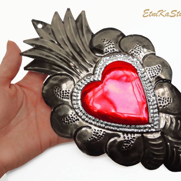 handmade tin red and silver burning heart / FLAMING HEART wall hanging ornament decor with hand punched designs