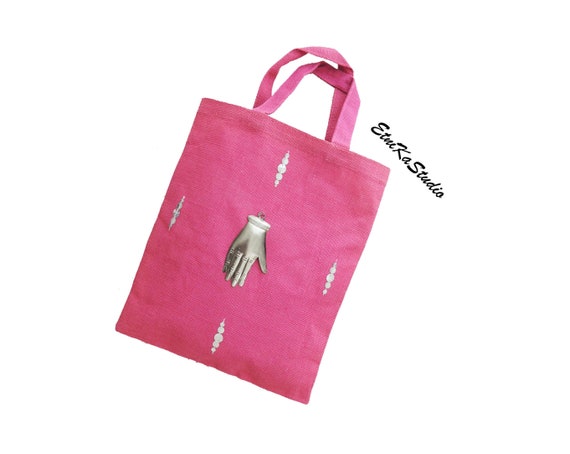 Pink Burlap Tote Bag Decorated With Sequins And Large Etsy