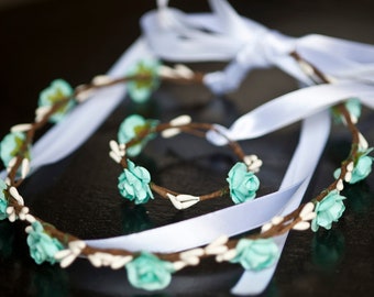 Couronne de fleurs bohème et bracelet floral turquoises mariage baptême communion festival