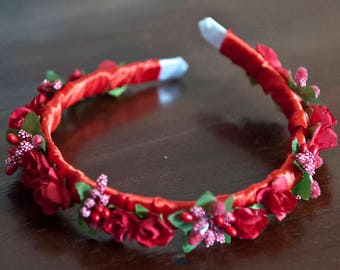 Serre-tête floral rouge bohème mariage communion festival