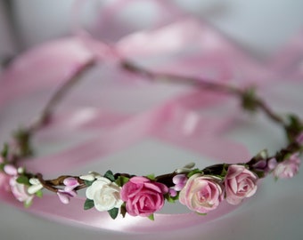 Couronne de fleurs bohème rose et blanche mariage EVJF