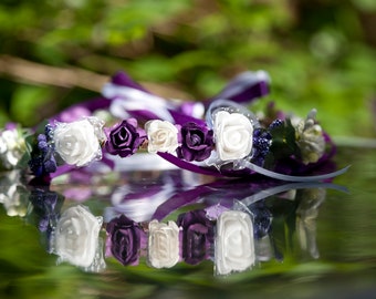 Couronne de fleurs bohème violettes et blanches diadème mariage communion festival médiéval