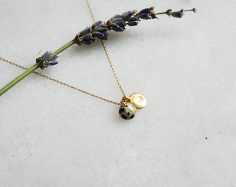 Iris necklace, Dalmatian jasper and golden pendant
