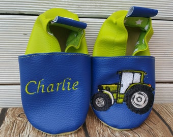 Soft leather slippers, imitation leather, baby slipper, boy slipper, girl slipper, child slipper, personalized slipper, tractor