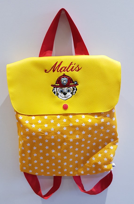 Nursery / kindergarten backpack faux leather and cotton white stars yellow background