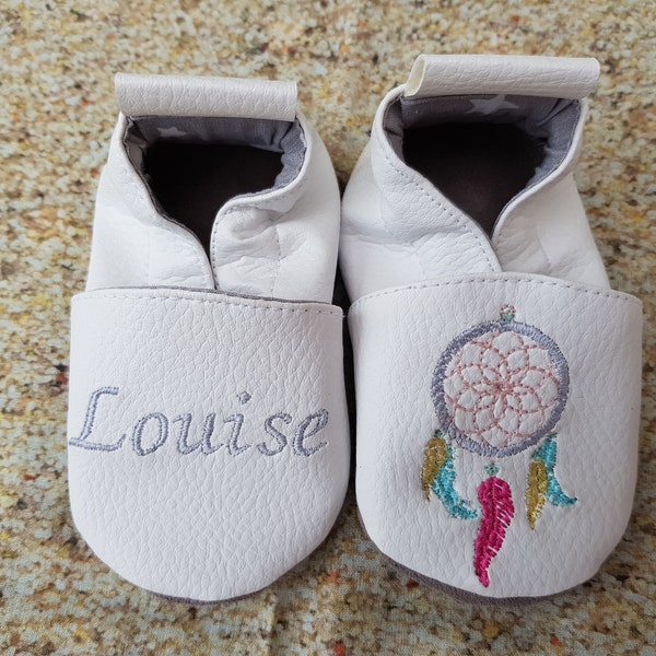 Chaussons souples cuir, simili cuir, chausson bébé, chausson garçon, chausson fille, chausson enfant, chausson personnalisé, attrape rêves