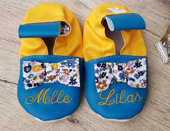 Soft slippers leather, imitation leather, liberty, personalized slipper with sewn bows