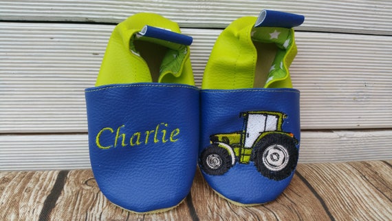 Soft leather slippers, imitation leather, baby slipper, boy slipper, girl slipper, child slipper, personalized slipper, tractor