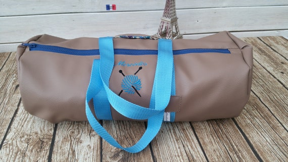 Duffel bag in imitation leather, bag weekend round bag, embroidered, personalized gym bag, knitting bag